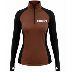 Women Chocolate Brown Black Quarter Zip Long Sleeve Athletic Training <b>Top</b> <b>Thumbhole</b> Slim Fit Running Gym Workout Sportswear - Product Image 1