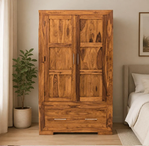 A traditional carved wooden <b>wardrobe</b> featuring a center <b>mirror</b> <b>door</b> and floral embellishments, available at wholesale prices. - Product Image 5