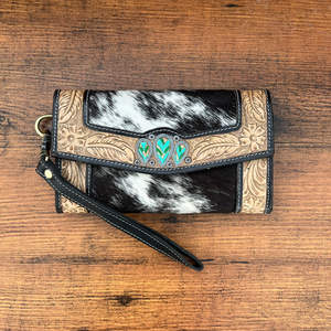 New Luxury Designer Hand Tooled Leather Clutch Western Cowhide Wristlet <b>Wallet</b> with Credit Holder Large Capacity Leather Clutch - Product Image 2