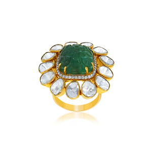 Floral Deluxe Polki and Diamond <b>Ring</b> The Golden Dominion of Sparkling Grandeur An 18K Yellow Gold Band <b>Crowned</b> with a Brilliant - Product Image 1