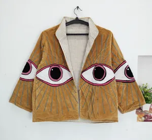 Handmade <b>Velvet</b> Mustard Eye Embroidery <b>Jacket</b> <b>Women's</b> Boho Chic Open Front Ethnic Fashion Coat - Product Image 3