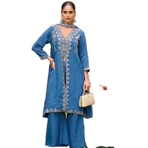 Gaji Silk Printed and Handwork Plazo Kurti Set Collection Party Wear Traje de entrenamiento - Product Image 1