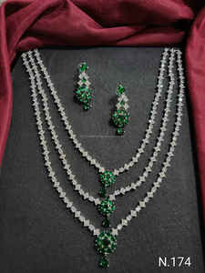 Tripel Layer Designs American Diamond Silver Plated Long Studded Necklace With Matching Flower Earring <b>Jewellery</b> <b>Set</b> for <b>Women</b> - Product Image 2