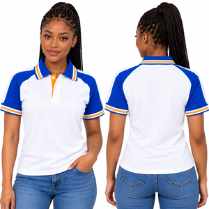 Women's Custom Polo Shirts Wholesale, Short Sleeve Corporate Uniform Shirts with Royal Blue Sleeves, Contrast Striped Collar - Product Image 5