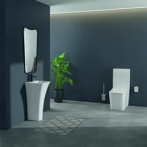 मॉडर्न स्क्वायर सेनेटरी वेयर डब्ल्यूसी कॉम्बो सिरेमिक टॉयलेट सिंक सेट बाथरूम सफेद रंग में वॉश बेसिन पेडस्टल के साथ एक टुकड़ा शौचालय