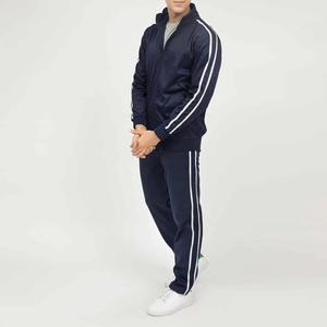 Men's Navy Blue <b>Tracksuit</b> Full Zip Sweatshirt and Pants Set with White Side Stripes Breathable <b>Polyester</b> Sporty Style - Product Image 4