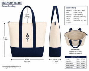 AMANI Canvas <b>Tote</b> <b>Bag</b> Cream Navy <b>Zipper</b> Closure Minimalist Design Travel Shopping <b>Bag</b> - Product Image 2