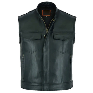 Premium <b>Men's</b> Motorcycle Genuine <b>Leather</b> <b>Vest</b> Biker Style Sleeveless Jacket Slim Fit Casual Waistcoat with Multi-Pockets Black - Product Image 3