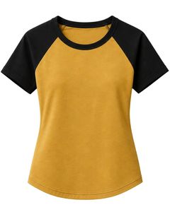 Mustard Yellow And Black <b>Raglan</b> T Shirt For Women Casual Crew Neck Short Sleeve Soft Cotton Blend Summer Fashion <b>Top</b> - Product Image 1