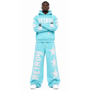 Survêtement à capuche bleu clair à prix abordable, coupe ample, imprimé étoiles, unisexe, décontracté, taille adulte, collection printemps - Product Image 2