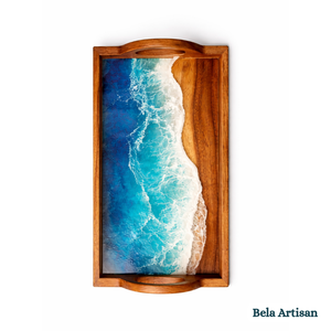 Plateau de service artisanal en bois et résine, motif rivière, style Art Déco, avec poignées, pour mariage, Diwali, cuisine, maison, hôtel - Product Image 1