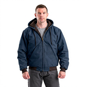 Men's <b>Hooded</b> <b>Fleece</b> <b>Jacket</b> Canvas Cotton Windproof Workwear Style Zipper Winter Solid Color Regular Fit Front Logo - Product Image 4