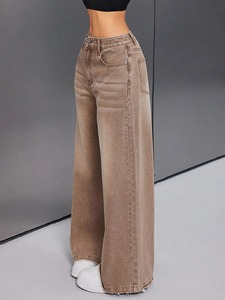 High Waist Wide Leg Sand Washed Denim Jeans Cotton Casual Solid Color Loose Fit Autumn Style <b>Pants</b> - Product Image 4
