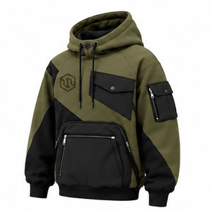 Sudadera con Capucha para Hombre, Color Verde Oliva y Negro, Diseño de Bloques de Color, Estilo Urbano, con Bolsillos con Cremallera y Cierre con Cordón - Product Image 3