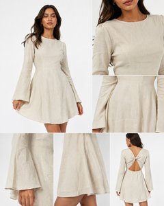 Robe Courte Bohème Simple en Lin/Coton à Manches Longues, Coupe Trapèze, Taille Naturelle, Volants, Couleur Unie, Élégante, Dos Nu Torsadé pour l'Été - Product Image 2