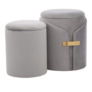 Dalia nidificazione Ottoman Set contemporaneo/Glam velluto argento con pezzi di accento in metallo dorato sgabelli e pouf - Product Image 1