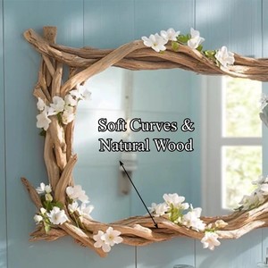 Espejo con Marco de Madera Rústico con Flores Blancas, Decoración de Baño para Montar en la Pared, Diseño Rectangular Hecho a Mano - Product Image 3