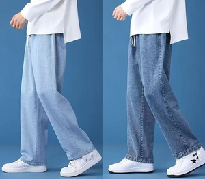 Men's Light Blue Washed Denim Wide Leg <b>Pants</b> Elastic Waist Drawstring Casual Style Cotton Material Breathable <b>Summer</b> Fashion - Product Image 6