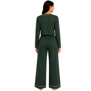 Manufacturer Womens Dark <b>Green</b> Long Sleeve Crop Cardigan Wide Leg Pajama Set Embroidered Lounge Sleepwear Soft Breathable OEM - Product Image 2