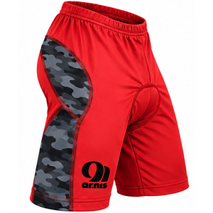 Shorts de cyclisme rouges pour hommes Arnis avec empiècements latéraux camouflage, doublure rembourrée, respirant, ajusté, en Spandex/Polyester, vente en gros, logo personnalisé, jambe gauche - Product Image 3