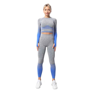 Ensemble de yoga gris bleu contrasté pour femme, 2 pièces, sans couture, legging taille haute longueur intégrale, haut court à col rond et manches longues, anti-transpiration - Product Image 3