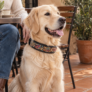 Collar de Perro de Cuero Repujado con Diseño Floral Multicolor, Tallado a Mano |   Collar Ajustable para Mascotas Estilo Occidental para Perros Decorativos - Product Image 2