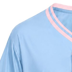 Maillot de baseball bleu clair pour femme, haut à manches courtes boutonné à col en V avec bordure rose et broderie pour les sports d'équipe - Product Image 2