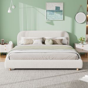 Letto King Size Imbottito con Tessuto Bouclé, Design Curvo, Testiera Spessa, Gambe in Legno Massello, Bianco - Product Image 2