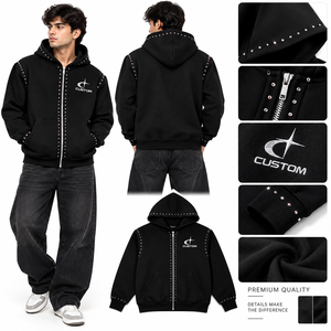 Rhinestone Embroidered Custom Zip up Hoodie Men 100% Cotton Boxy Oversized Studded <b>Y2K</b> <b>Streetwear</b> Hoodies OEM - Product Image 5