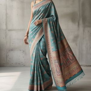 Sari en soie Kani du Cachemire, tissé à la main, style long, avec un design élégant - Product Image 4