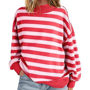 Sweat-shirt rouge et blanc à col rond avec motif à rayures horizontales, coupe ample, manches longues, bordure contrastée des poignets, logo personnalisé, vêtements - Product Image 1