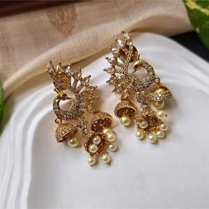 Peacock 3-Layer Gold Plated Pearl Jhumka Earrings for Wedding and Party - Product Image 3