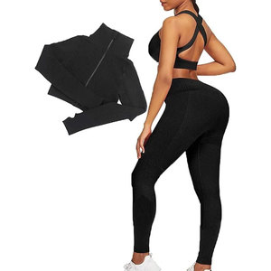 Black Ribbed Yoga Set Quarter-Zip Crop <b>Top</b> High Waist Full Length Leggings 2 Piece Spandex Polyester Activewear - Product Image 4