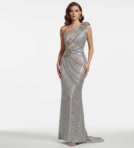 Robe de soirée sirène longue à sequins et perles pour femme, asymétrique à une épaule, dos nu, moulante, avec soutien-gorge intégré et taille naturelle - Product Image 1