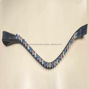 Bande de front de cheval en cuir véritable en forme de vague profonde personnalisée avec des cristaux ronds de marque multicolores strass chaîne bling - Product Image 2