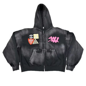 Sudadera con capucha con cremallera y lavado con ácido térmico pesado desgastado recortado ropa de calle personalizada de alta calidad - Product Image 2