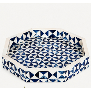 Bandeja Decorativa Octogonal Hecha a Mano con Incrustaciones de Hueso, Bandeja de Servicio Geométrica de Resina Azul y Blanca para Mesa de Centro de Lujo, Decoración del Hogar - Product Image 5