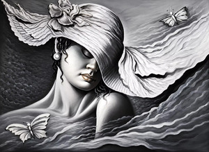 Toile d'art monochrome peinte à la main, portrait de femme avec chapeau fluide et papillons, peinture à l'huile classique, cadre en bois, décoration intérieure - Product Image 2