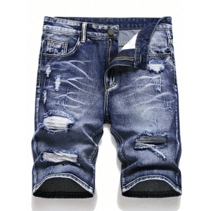Pantalones Cortos de Mezclilla para Hombre, Azul Oscuro, Transpirables, Desgastados, Casuales, de Verano, Corte Regular, Largura hasta la Rodilla, Lavados, Cinco Bolsillos, Estilo Urbano - Product Image 1