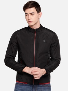 Chaqueta Bomber Negra para Hombre, Cortavientos, Cuello Alto, Cierre de Cremallera Frontal, Color Sólido, Corte Ajustado, para Otoño, Material de Poliéster - Product Image 1