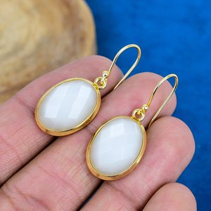 Natural Handmade White Moonstone Oval Shape Gemstone Drop Earrings 18k Micron Gold Over 925 <b>Sterling</b> <b>Silver</b> - Product Image 3