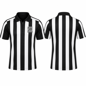 Men <b>Black</b> <b>White</b> Striped Referee Shirt Half Zip Polo Collar Short Sleeve Professional <b>Football</b> Officials Performance Game Jersey - Product Image 4