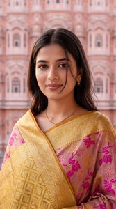 Sari de Seda con Estampado Floral Rosa Dorado Tradicional para Mujer, Estilo Indio-Pakistaní, Corte Regular, Largo hasta el Suelo, Sin Arrugas, para Bodas - Product Image 3