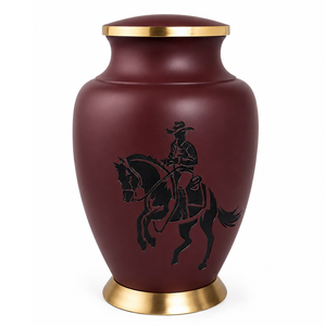 Urna Funeraria de Metal (Latón/Aluminio) Grabada con Diseño de Vaquero y Caballo, Color Negro y Marrón, Estilo Europeo Americano, para Cenizas Humanas - Product Image 1