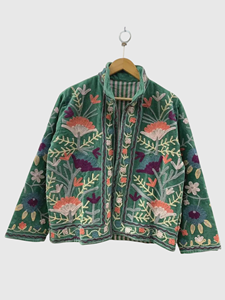 Veste en velours brodée à la main avec des motifs floraux, col mandarin, manches longues, style Prairie Chic, manteau d'automne pour femmes, taille plus - Product Image 1