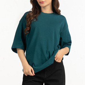 T-shirts amples en coton pour femmes, couleur vert-bleu foncé, col rond rouge, pour impression personnalisée, respirants - Product Image 1