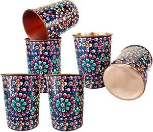 Ensemble de gobelets décoratifs en cuivre à motif floral coloré, finition émail, style indien, pour la maison, les repas et les cadeaux - Product Image 1