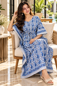Blue Paisley Print Bohemian Kaftan <b>Dress</b> <b>for</b> Women <b>White</b> Maxi Sleeveless V-neck 100% Cotton Breathable All Seasons Resort Wear - Product Image 5