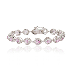Bracelet tennis empilable en or blanc 14 carats avec saphir rose taille poire 4x3mm et halo de diamants ronds, design exquis, cadeau pour demoiselle d'honneur - Product Image 1