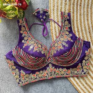 Premium Quality Italian Silk with Tricot Fuising Readymade Heavy Zari-Sequence-<b>Beads</b> work Padded Blouse At Wholesale Rate - Product Image 6